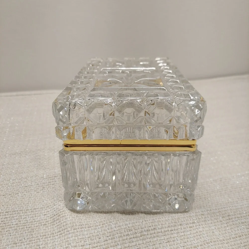 Vintage French Cut Lead Crystal Brass Vanity Jewelry Trinket Casket Box Hand Cut